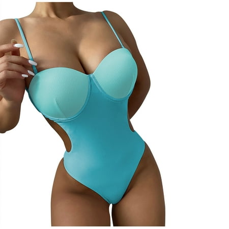 

VKEKIEO One-Piece Swimsuit Sport Bra Style Padded Blue S