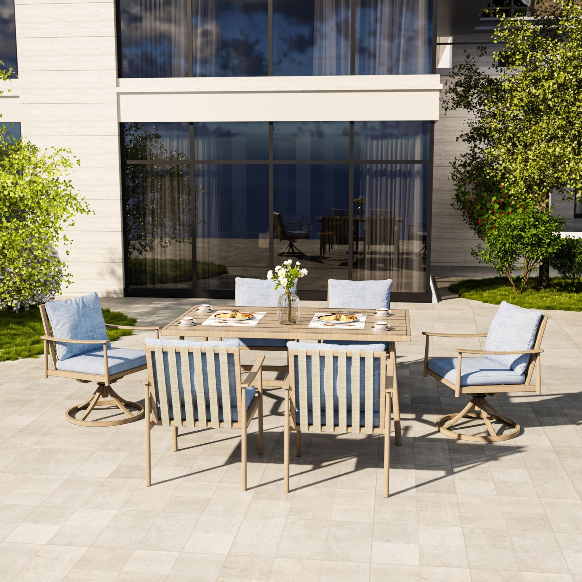 Patio Dining Table for 6, 60 Inch Outdoor Aluminum Table with Umbrella Hole, All Weather Rectangle Patio Table for Backyard Garden Deck Poolside, Brown