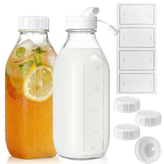 Aovky Glass Milk Bottle with Lid, 2 Pack 32 Oz Reusable Glass Milk Container with Silicone Dispenser Cap and Airtight Screw Lids, Leak-Proof Glass Jars with Scale Mark for Honey, Jam, Creamer, Juice