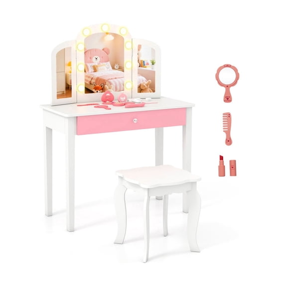 Furnibear 2-in-1 Kids Vanity Table Set with Tri-Folding Detachable Mirror and Lights, Makeup Dressing Table and Stool with Drawer for Girls, White