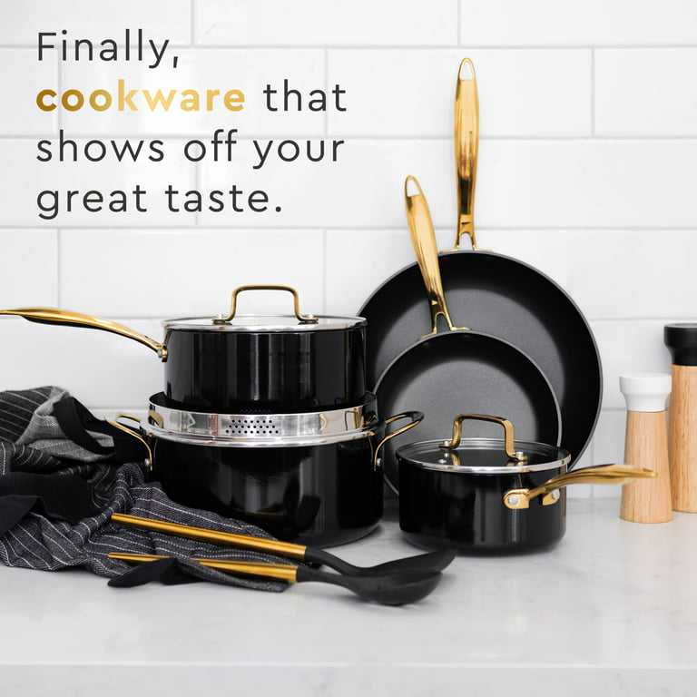 Black and Gold Pots and Pans Set Nonstick - 15PC Luxe Black Pots and Pans  Set No