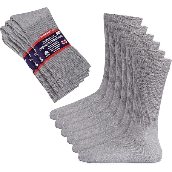 Diamond Star 12-Pack Diabetic Socks for Men & Women - Non-Binding Cushion Cotton Crew Socks for Neuropathy, Edema, & Circulatory Support (Grey, Sock Size 10-13, Fits Men's Shoe Size 7-12)