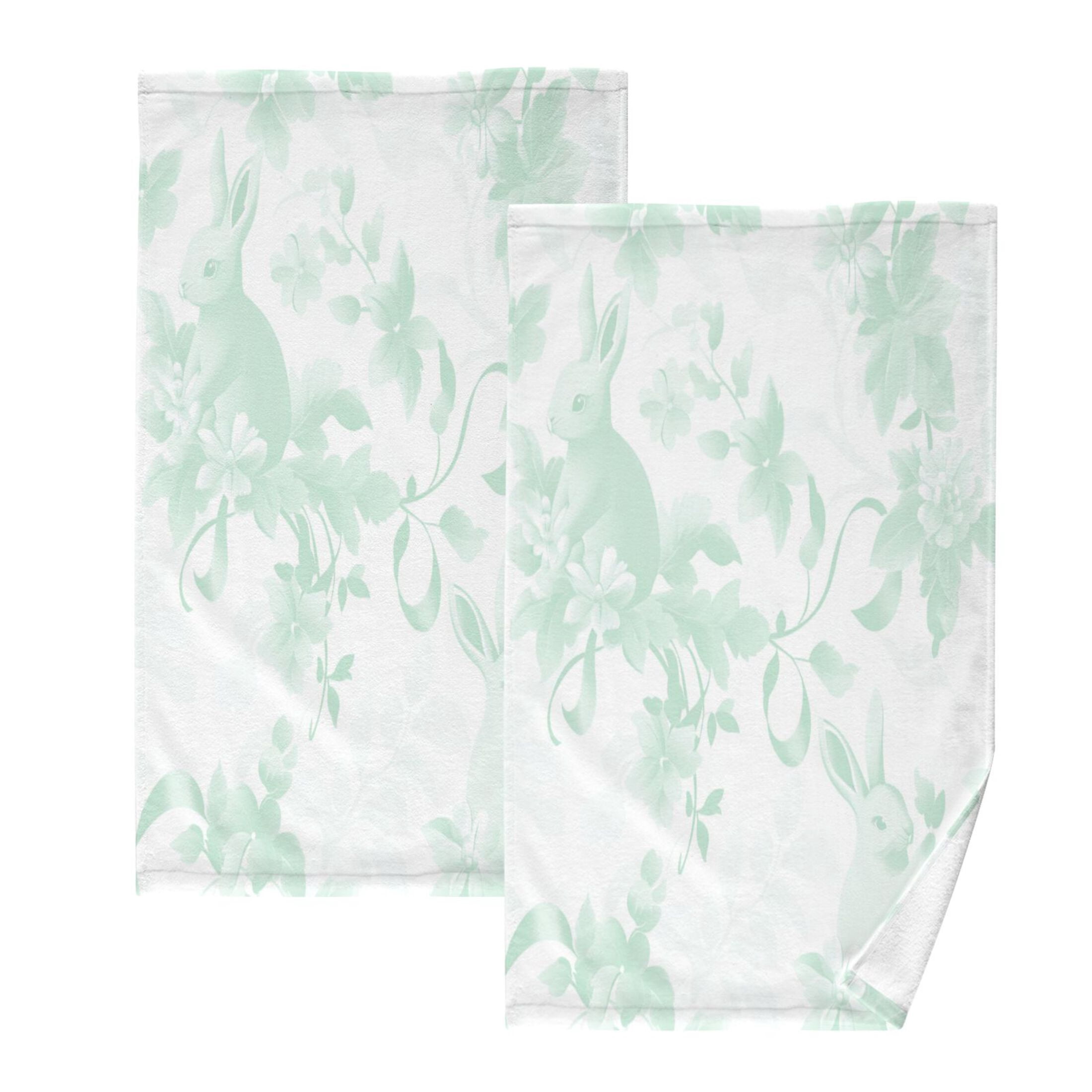 2 Pcs Absorbent Face Towel Bath Hand Towels Soft Breathable Cotton Towel Set for Bathroom Kitchen Hotel Spa Decor Mint Green Rabbits