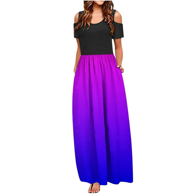 SMihono Robe Maxi Bohème d'Été pour Femmes Grande Taille Mode Décontractée Manches Courtes Épaules Dénudées Imprimé Col Rond Robe de Plage