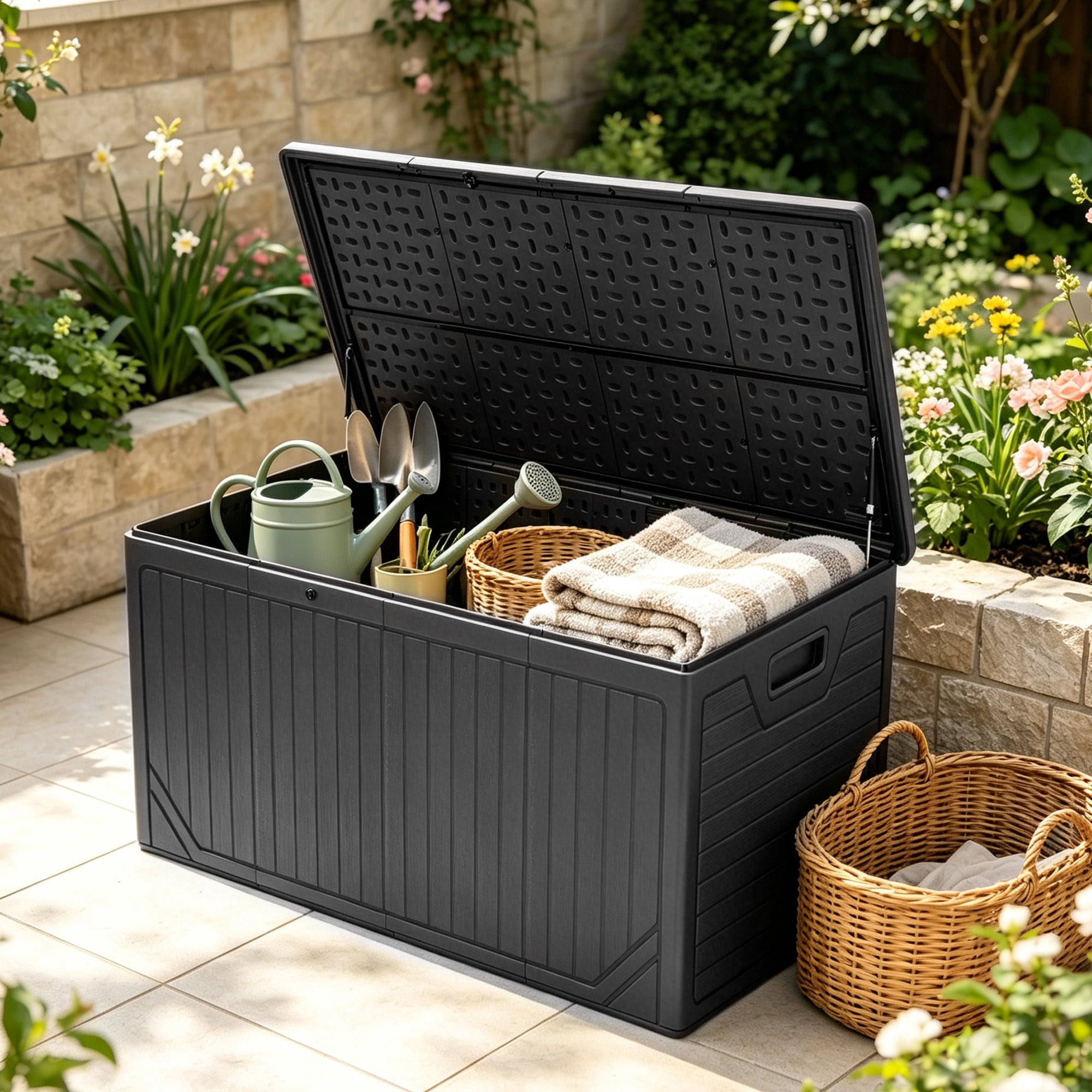 Uforic 300 Gallon Extra Large Outdoor Deck Box, Double-Wall Waterproof Lockable Resin Storage Box, Multipurpose Patio Storage Bin for Garden Tools Pool Supplies, Black
