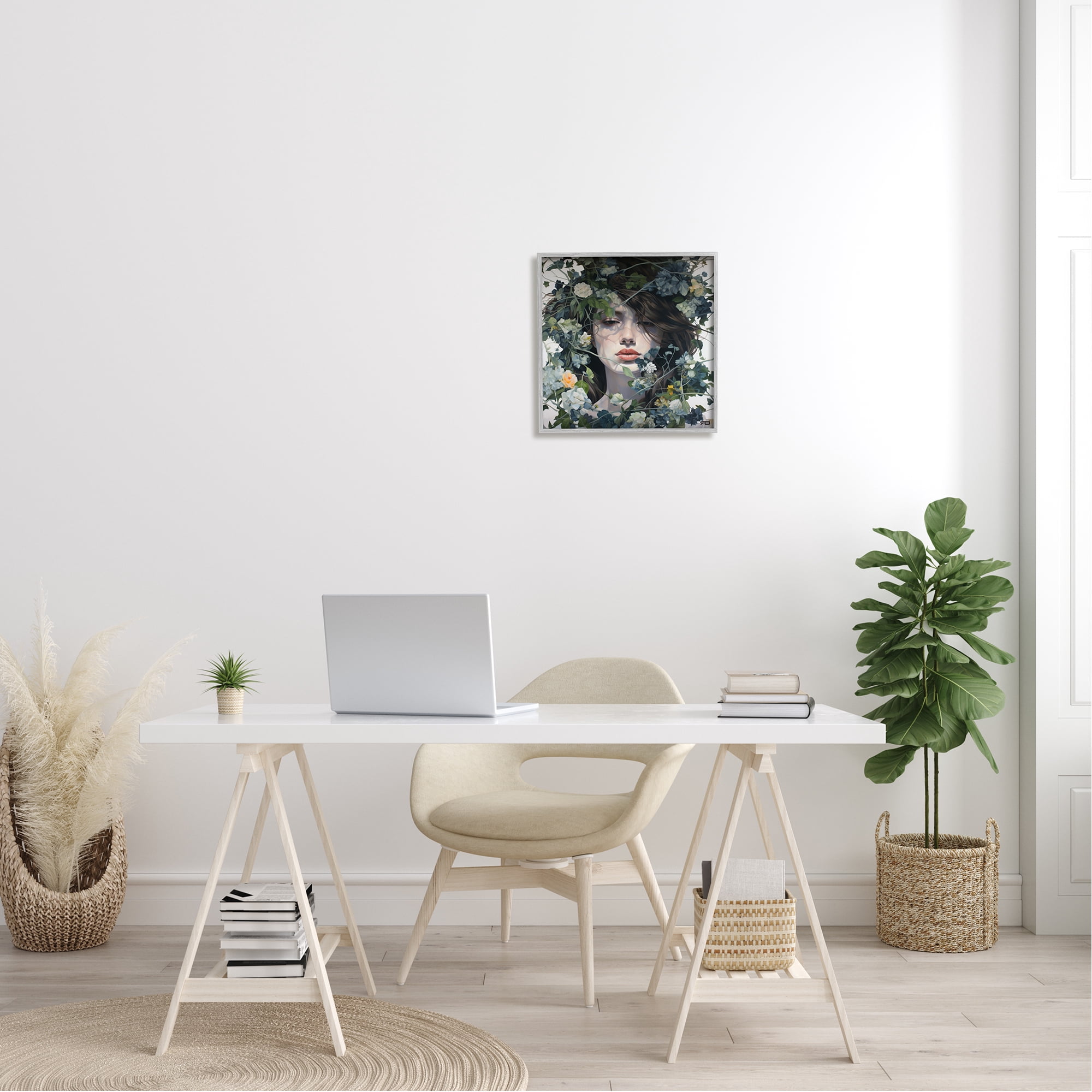 Stupell Industries Woman with Green Blossoms Botanical & Floral Painting Gray Framed Art Print Wall Art, 17 x 17
