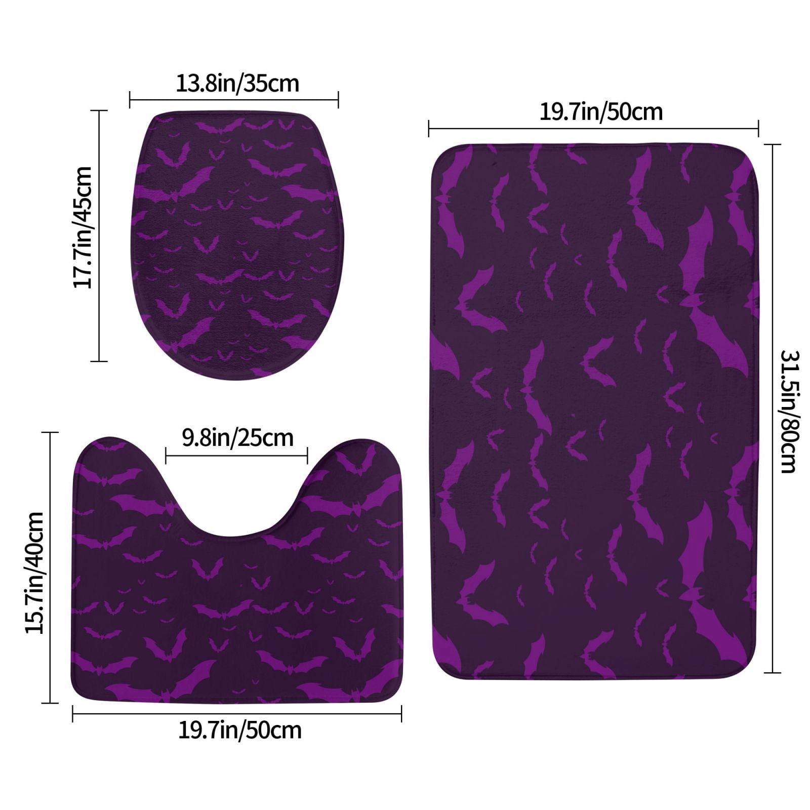 Bathroom Rugs Sets 3 Piece - bats Violet purple cool Absorbent Non Slip Bath Mats, U-Shape Toilet Lid Cover, Contour Mat, Soft Washable Shower Mats Bath Rug Mat for Bathroom Tub Toilet