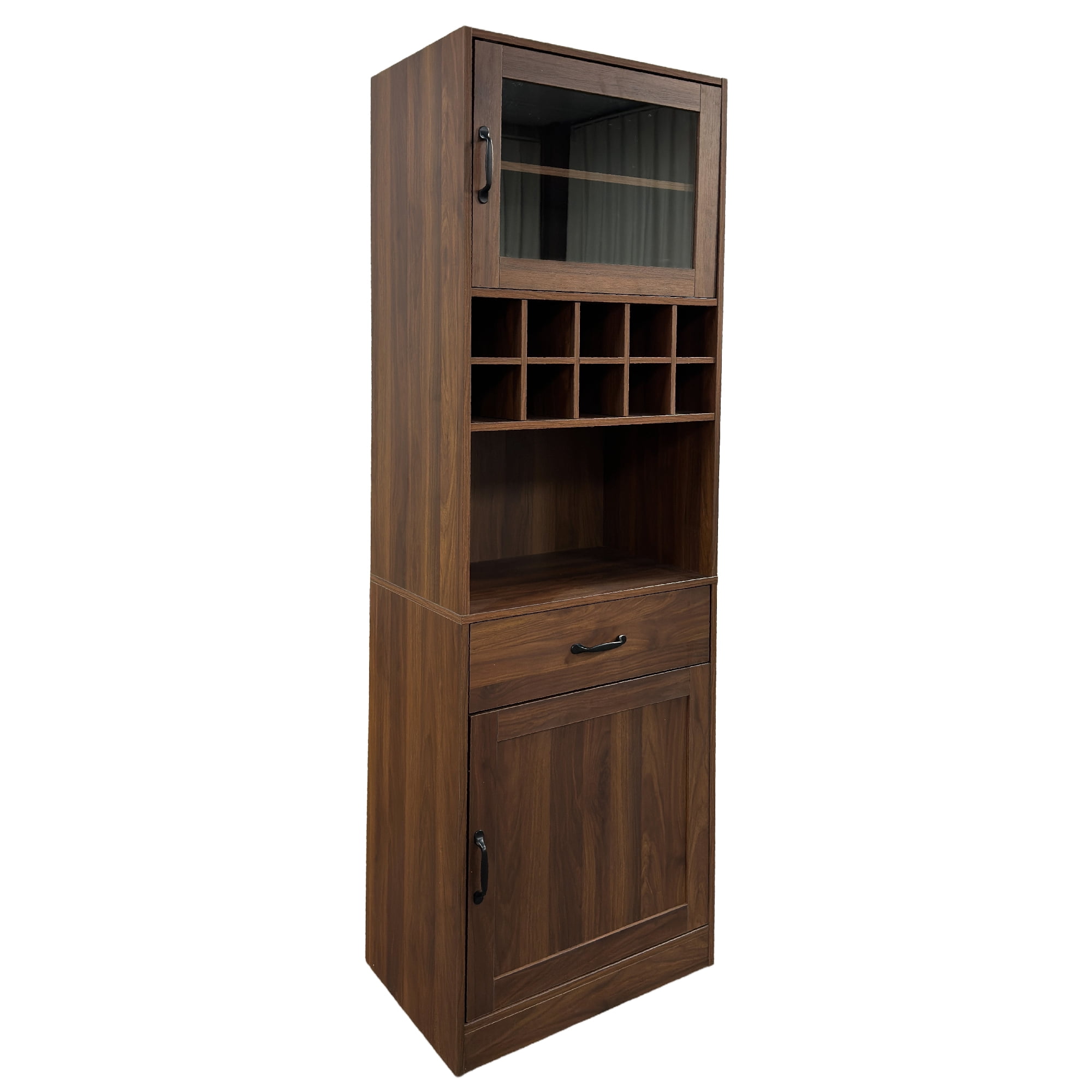 Kitchen Pantry Cabinet Farmhouse Storage Cabinet with Glass Door Pull-Out Shelf, Walnut