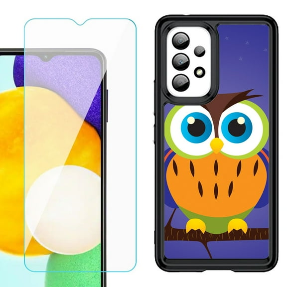 Shockproof Bumper (Black Frame) phone Case for Samsung Galaxy A23 5G, with Tempered Glass Screen Protector, by OneToughShield ® - Night Owl