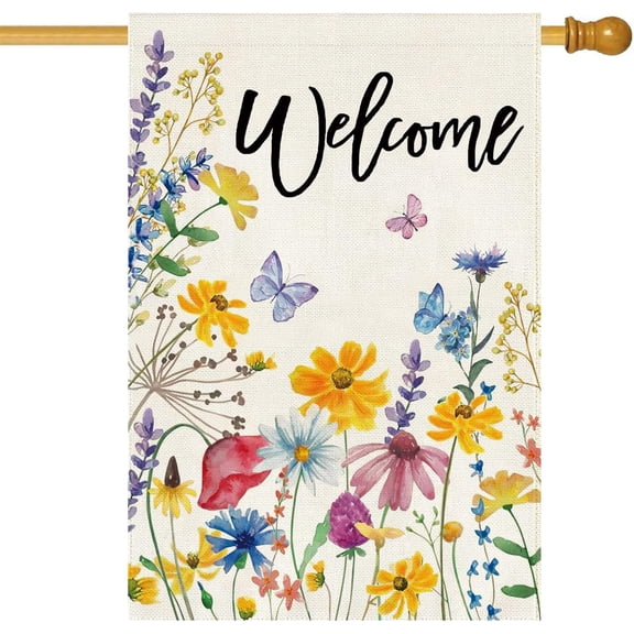 Spring Welcome Floral House Flag Flower Leaves Double Sided Large Yard Flag Heavy Duty Seasonal Butterfly Outdoor Outside Patio Decoration 28x40 Inch