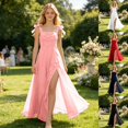 thumbnail image 5 of Flowy Chiffon Junior Bridesmaid Gown, Bow Tie Strap Ruched Square Neck High Slit Long Dress for Teen Wedding Ceremony Pink 150, 5 of 6