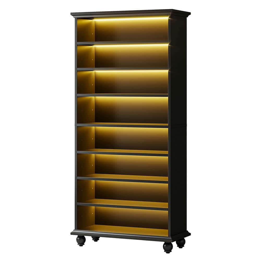 Spaco 9-Tier Bookcase Wood Bookshelf, Sturdy Bookcase with LED Lighting & Solid Wood Legs for Indoor as Home, Black