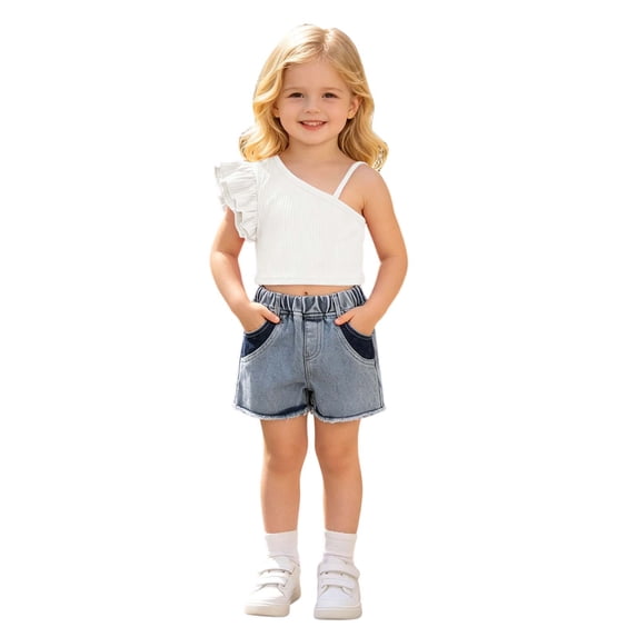 Toddler Outfits for Girls 2 Piece Solid Print Crew Neck Sleeveless One Shoulder Ruffle Crop Top And Shorts for Summer Play Girls' Clothing Sets White 5-6 Years