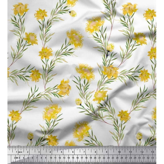 Soimoi Poly Georgette Fabric Leaves & Wild Flower Printed Craft Fabric by The Yard 42 Inch Wide