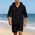 thumbnail image 2 of IWRICH Men's 2 Piece Linen Set Casual Long Sleeve Button down Hoodie Shirts and Shorts Sets Fashion Summer Beach Outfits Black XXL, 2 of 5