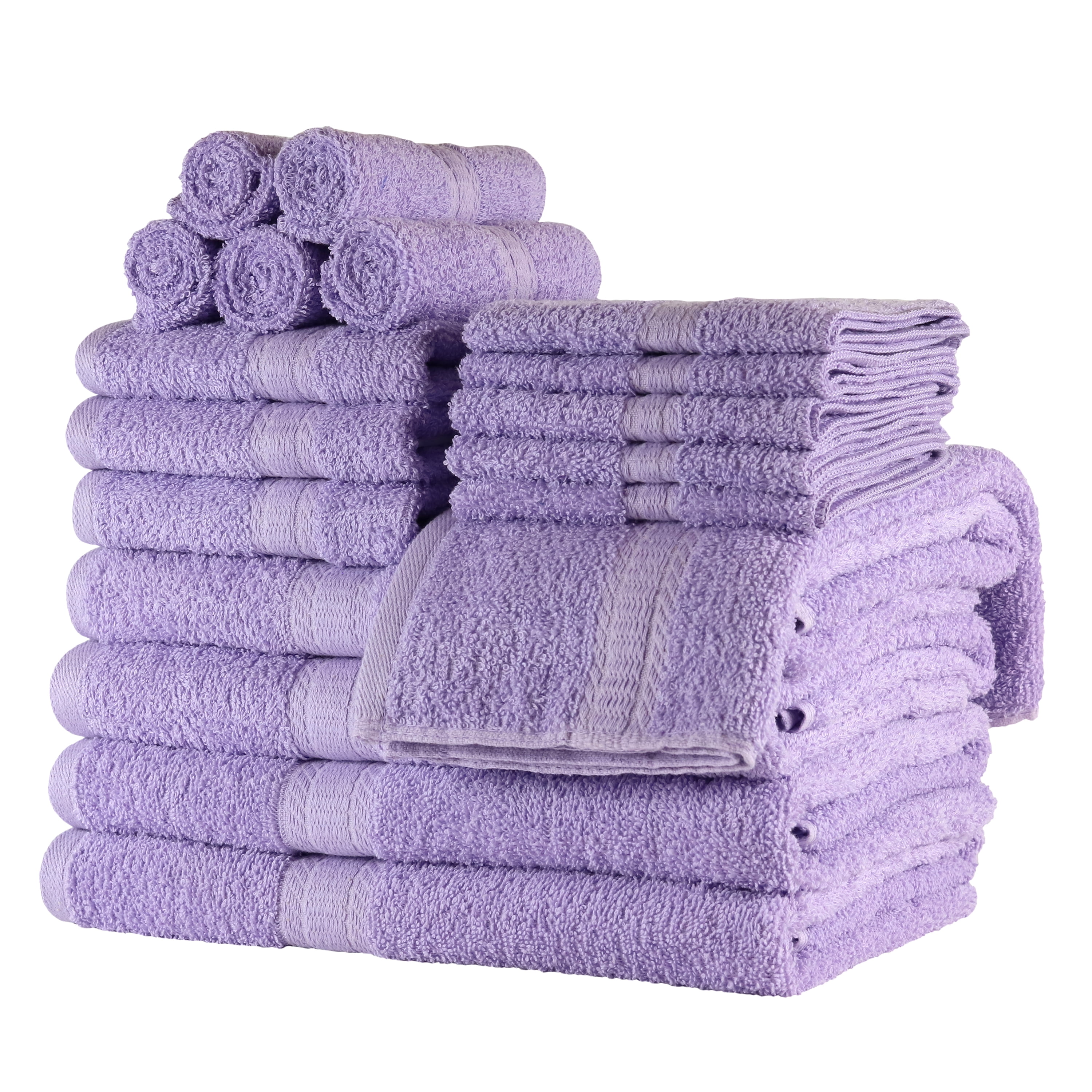 Mainstays 18 Piece 100% Cotton Towel Set, 4 Bath , 4 Hand and 10 Washcloths, Super Soft and Highly Absorbent Basic Solid Towel Set for Bathroom, Hotels, Spa and Gym – Lavender