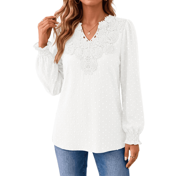 Fantaslook Blouses for Women Lace V Neck Long Sleeve Blouse Pleated Chiffon Pom Pom Shirt Dressy Casual Fall Tops