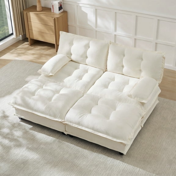 77" Modern Sofa Modular Sectional Cloud Couch with 2 Ottomans, 2-Seat Chenille Deep Seat Sofa with Comfy Lattice Decored Seat Cushion, Sleeper Sofa Bed for Living Room, Bedroom and Apartment (Beige)