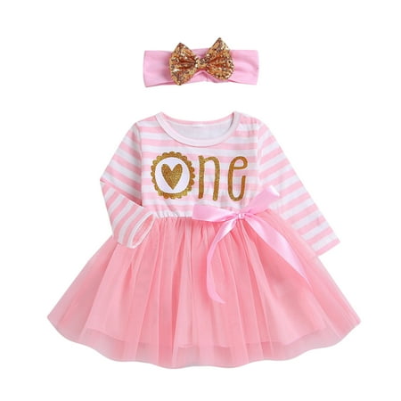 

Toddler Baby Girls Long Sleeve Cute Cartoon Polka Dot Striped Patchwork Tulle Dress Princess Dress With Headbands Birthday Outfits Set 2PCS Clothes Kids Sweatpants Girls
