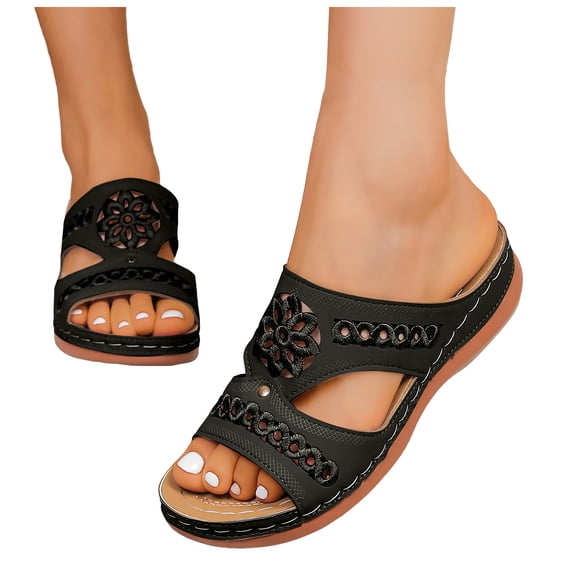 Dakaela Orthopedic Sandals Women Comfortable Dressy Summer Slip on Slides Arch Support Low Wedges Outdoor Beach Walking Shoes Black Size 6