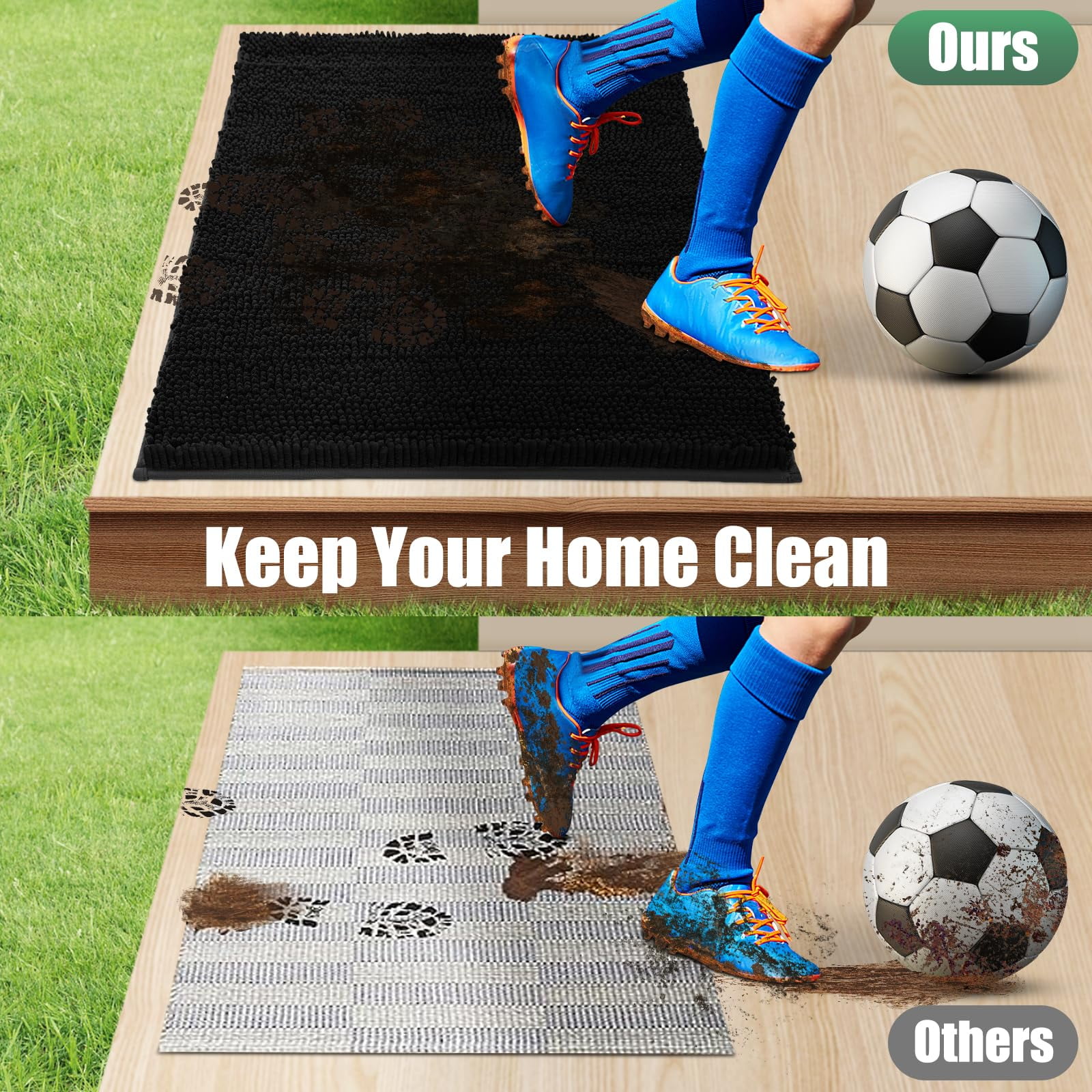 Chenille Absorbent Outdoor Doormat 36" x 24", Washable Muddy Door Mats for Dog Non Slip Indoor Doormat Dog Mat for Muddy Paw Front Inside Doormats for Entryway Black