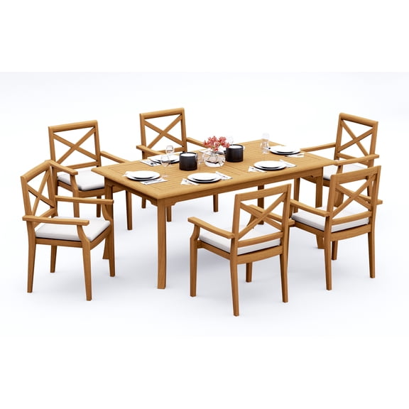 7-Piece Teak Dining Set: 71" Rectangle Table 6 Granada Stacking Arm Chairs