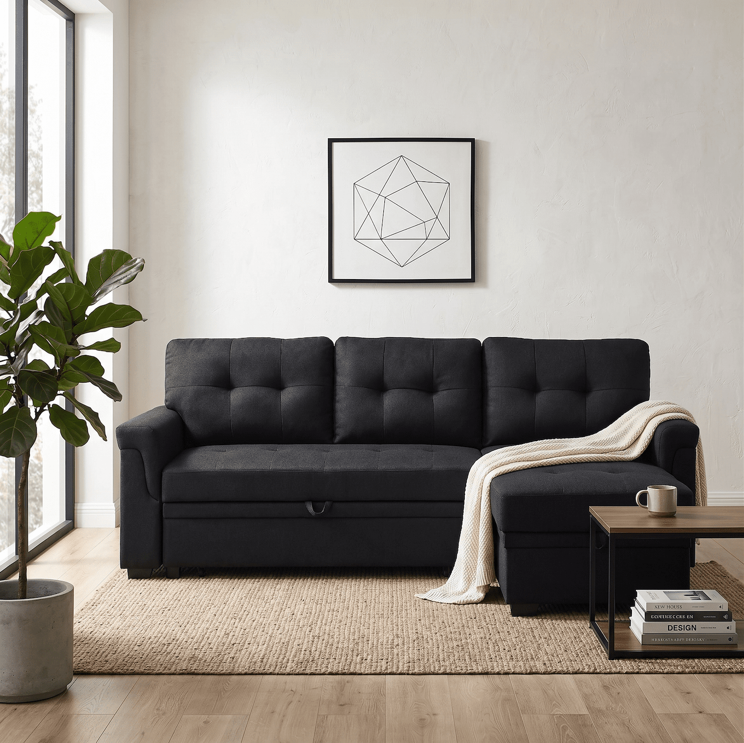 Convertible Sleeper Sofa Bed 86" L Shaped Sectional Couch with Pull Out Bed & Reversible Storage Chaise, Modern Linen Fabric Sofa Couch for Living Room Apartment (Black)