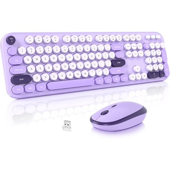 Wireless Keyboard and Mouse Set, Typewriter Full Size Keyboard with Number Pad, 2.4G USB Cute Typewriter Keyboard and Mouse Combo,Purple Colorful