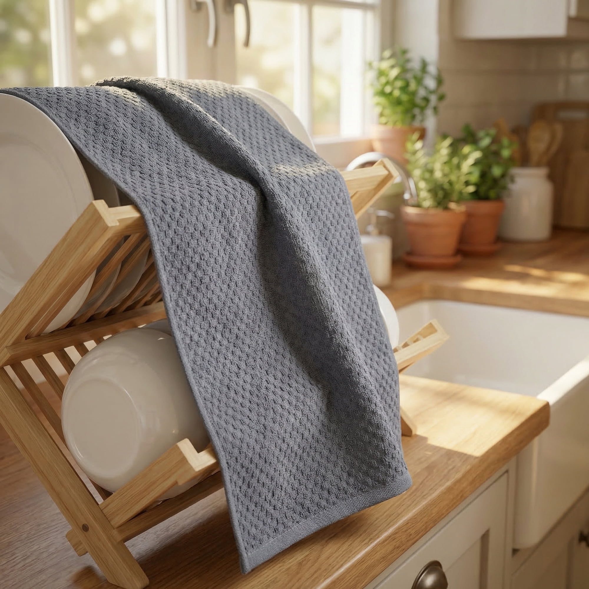 Unique Bargains 4 Pack Kitchen Towels 100% Pure Cotton Soft Absorbent Grey/Blue 25" x 15"