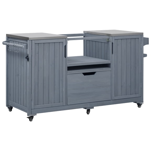 66.5" Outdoor Kitchen Island for Big Green Egg Grills, Solid Wood Outdoor Grill Cart for Tabletop Grill with Stainless Steel Top, Drawer, Compatible with Large Big Green Egg, Kamado Joe- Grey Blue