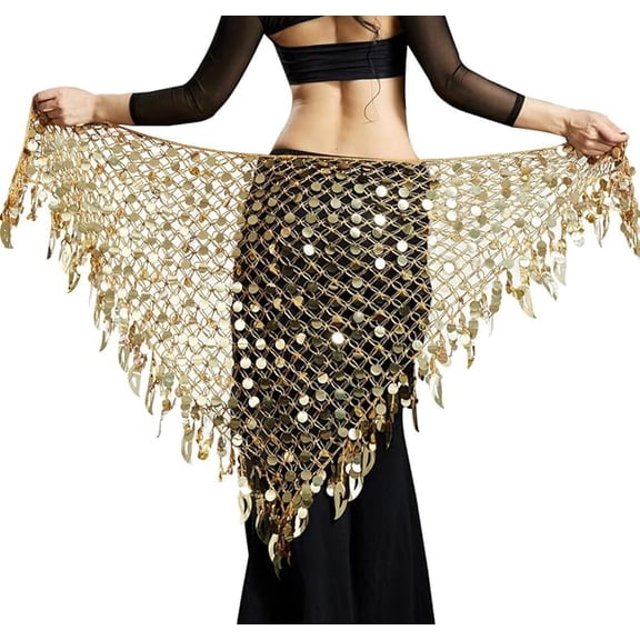 Zhuge Women's Belly Dance Hip Scarf, Sequin Mesh Triangle Wrap Skirt, Golden