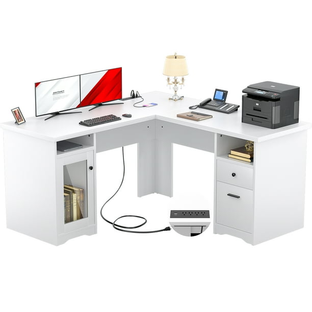 Homieasy L Shaped Desk with Drawers, Corner Computer Table with Power Outlets and USB Charging