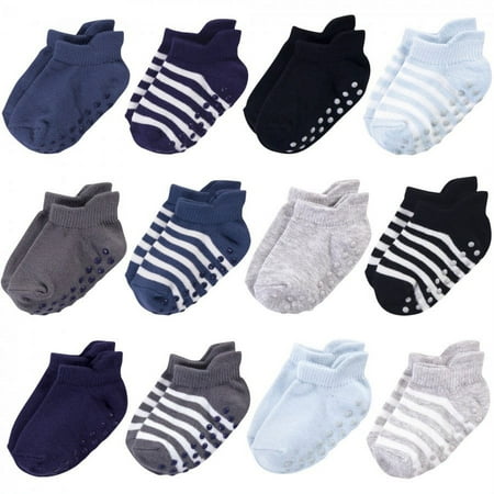 UPC: 0660168631654 | Touched by Nature Baby and Toddler Boy Organic Cotton Socks with Non-Skid Gripper for Fall Resistance Blue Black 6-12 Months