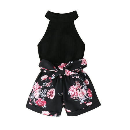 

Frobukio Kids Baby Girls Summer Outfits Ribbed Sleeveless Tank Tops Elastic Casual Floral Shorts with Belt Sets Black　6-12 Months