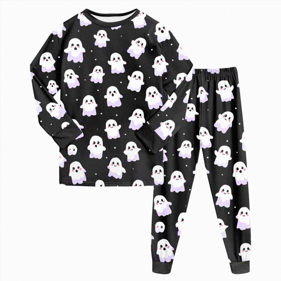 UAYOTSE Little Girls Halloween 2‑Piece Pajama Set Long‑Sleeve Crewneck Top Cuffed Jogger Pants Black Base All‑Over White Ghost Print Kids Sleep Pjs Loungewear Size 7-8 Years