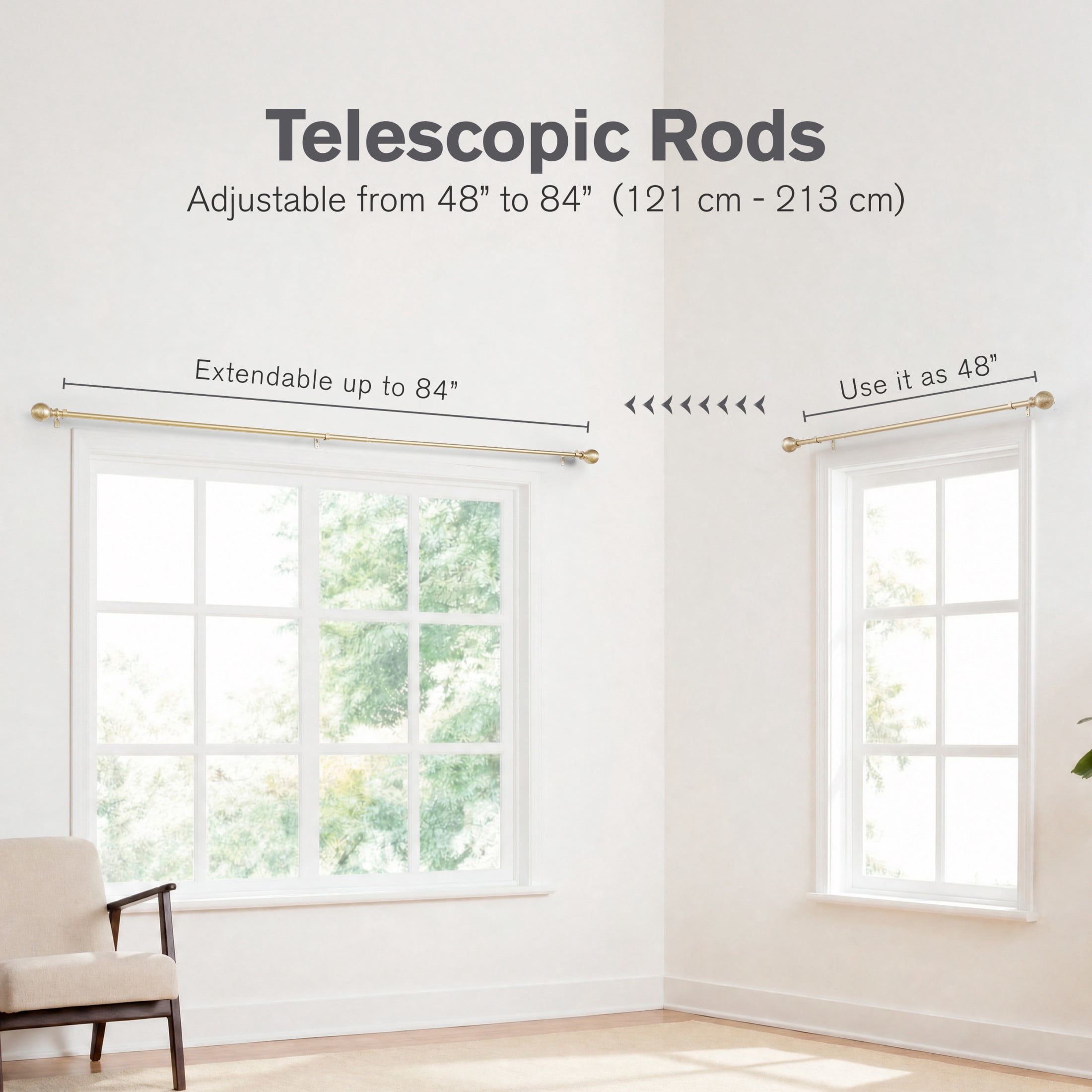 Brookstone Square 3/4 in Adjustable Double Curtain Rod Set with Finials 48" - 84" Gold