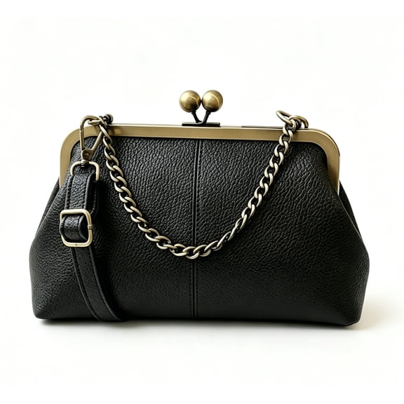 Women’s Black Faux Leather Kiss Lock Shoulder Bag, Vintage Chain Crossbody Purse