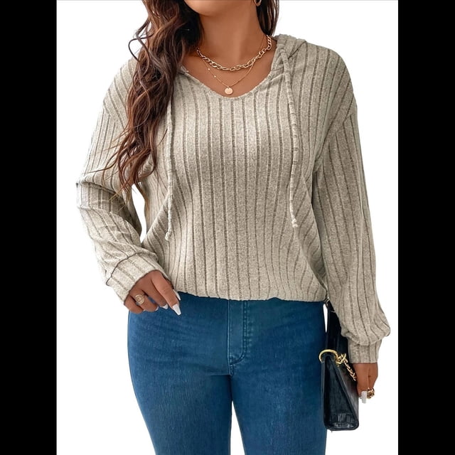 Sudadera con Capucha para Mujer, de Larga, Holgada y con Cordón Ajustable, Básica Caqui XL
