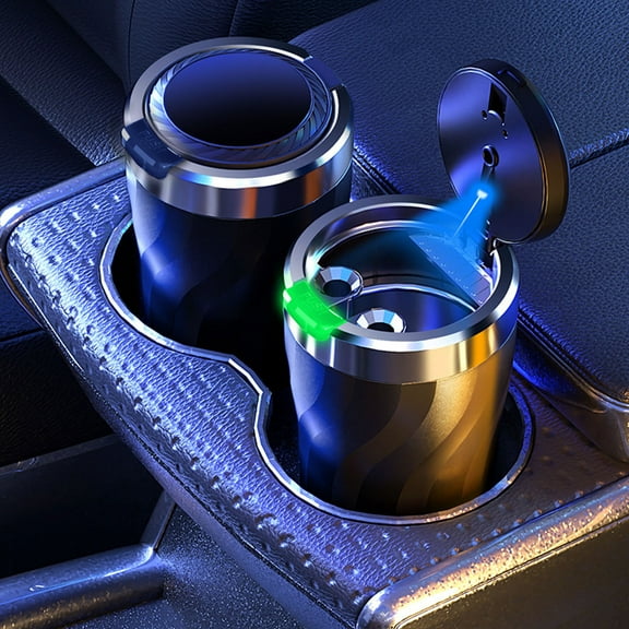 Car Ashtray with LED Light | Press Open Cover | Flame Retardant Material & Metal Liner | Holds 60-80 Cigarette Butts | Odor Lock | Car/Home/Office | 10x7.2cm
