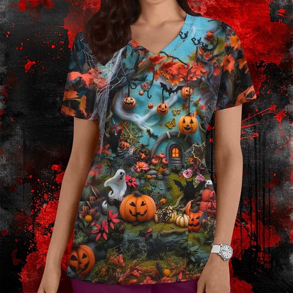 VKOYWKM Halloween Scrubs for Women Nurse Gifts Printed Scrub Tops V Neck Short Sleeve Nursing Tops with Pockets Women's Scrubs