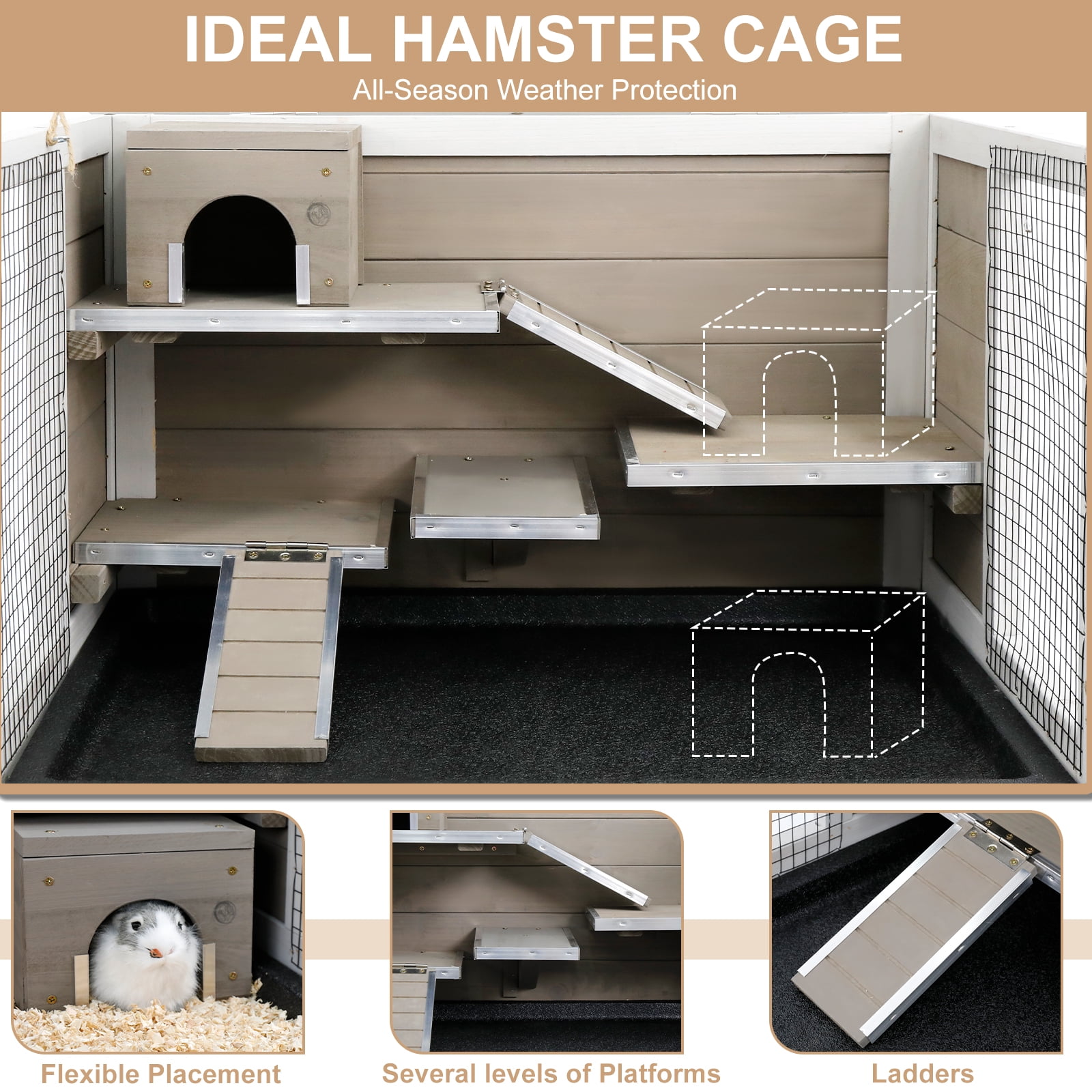 PETSCOSSET 3-Tier Wooden Hamster Cage with Storage Shelf Indoor Outdoor Large Guinea Pig Cage House and Habitat