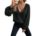 thumbnail image 3 of Women Off the Shoulder V Neck Sweater Top Fitted Long Sleeve Shirt Tie Back Sweater Black XL, 3 of 8