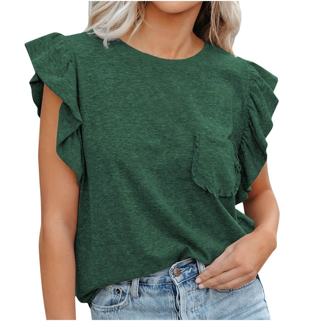 Blusa de camiseta sólida de moda para mujer Cuello redondo Bolsillos casuales Tops Pompotops hfajkhk135572