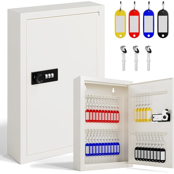 Key Lock Box with Code, Key Box Wall Mount with 40 Key Tags & Hooks for Home, Office, Resttable Combination Lock (Beige, 40 Keys)