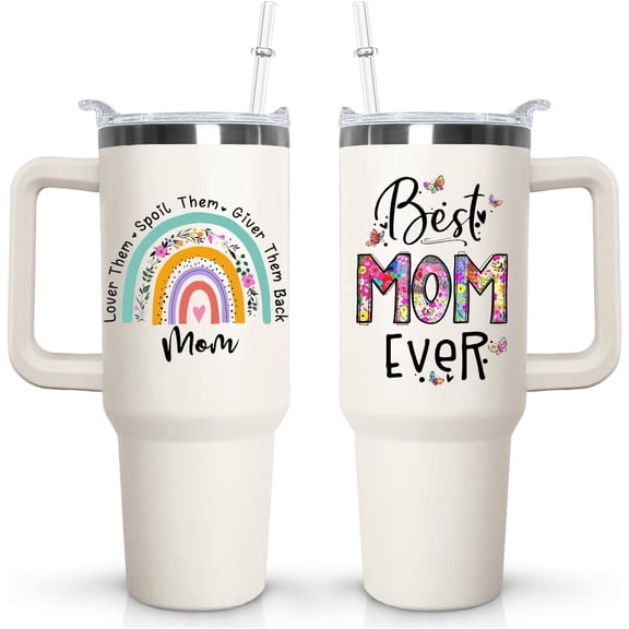 40 oz Mama Tumbler with handle Lid and Straw, Best Mom Ever Vacuum Insulated Travel Coffee Mug CupTumbler, Mothers Day Gifts from Daughter Birthday Gifts for Mom
