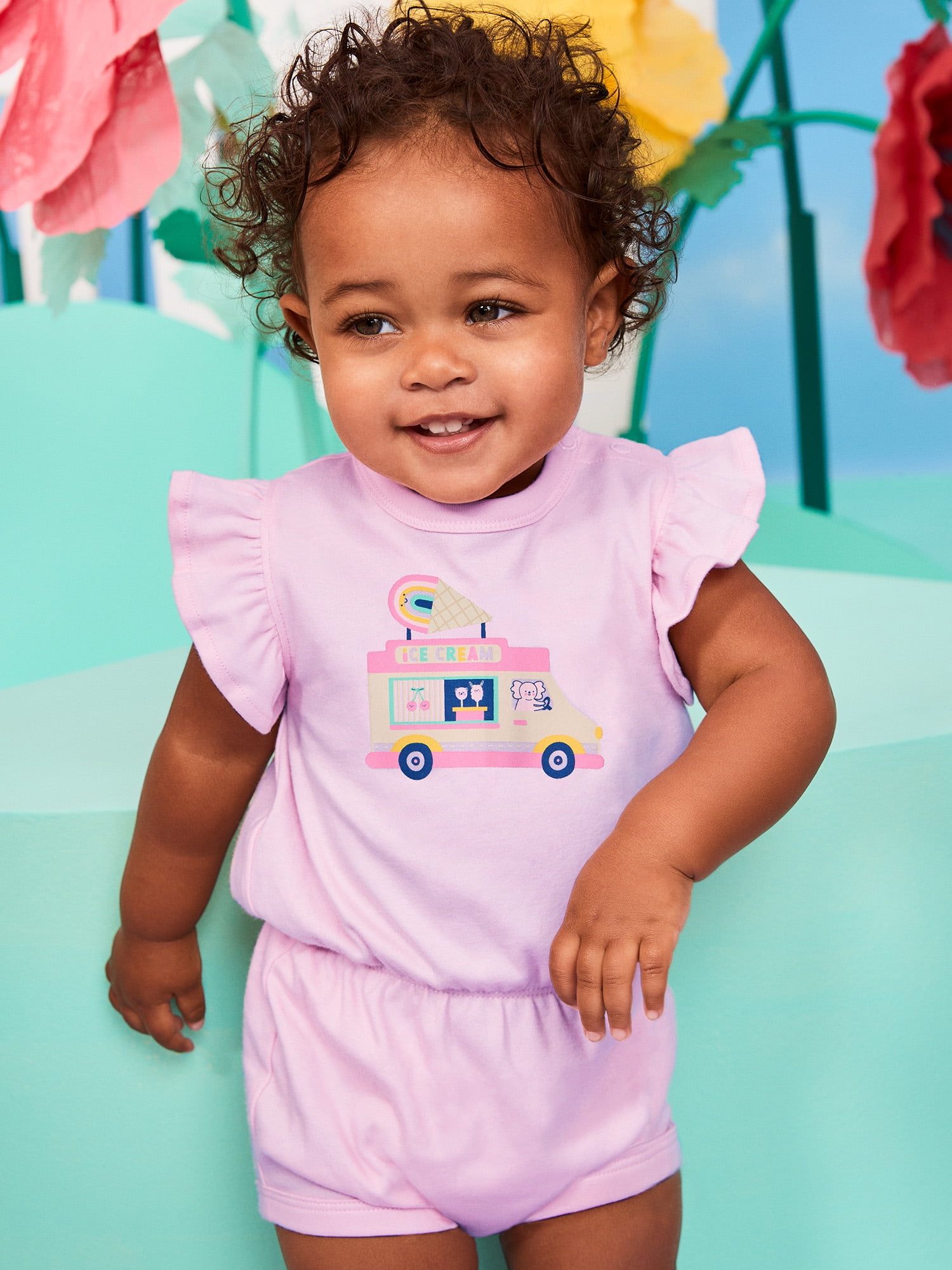 Garanimals Baby Girl Rompers 100% Cotton Flutter Sleeve 2-Pack Sizes 0-24M