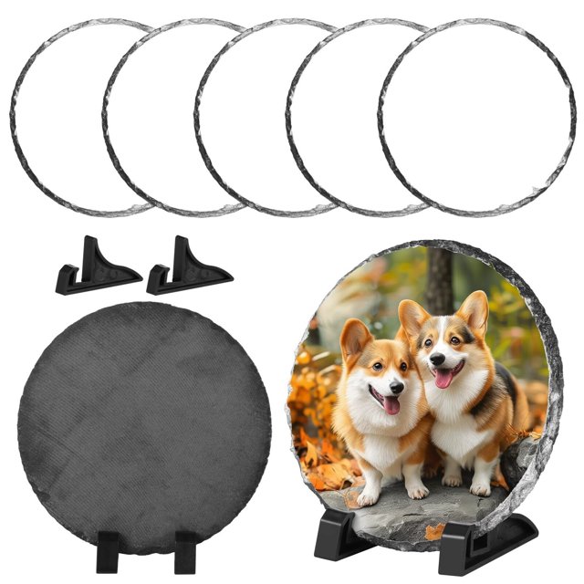 5 Pcs Cadres Photo en Ardoise pour Sublimation, Pierres Rocheuses avec Supports d'Affichage, Plaques Photo de Transfert Thermique, Ardoises Rondes de 5,5 Pouces pour Cadeaux DIY, Souvenir de Bureau