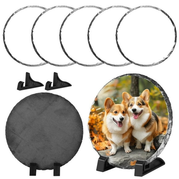 5 Pcs Sublimation Slate Blanks, Rock Stone Picture Frames with Display Stands, Heat Transfer Rock Photo Plaques, 5.5" Round Photo Slates for DIY Gifts, Desktop Souvenir