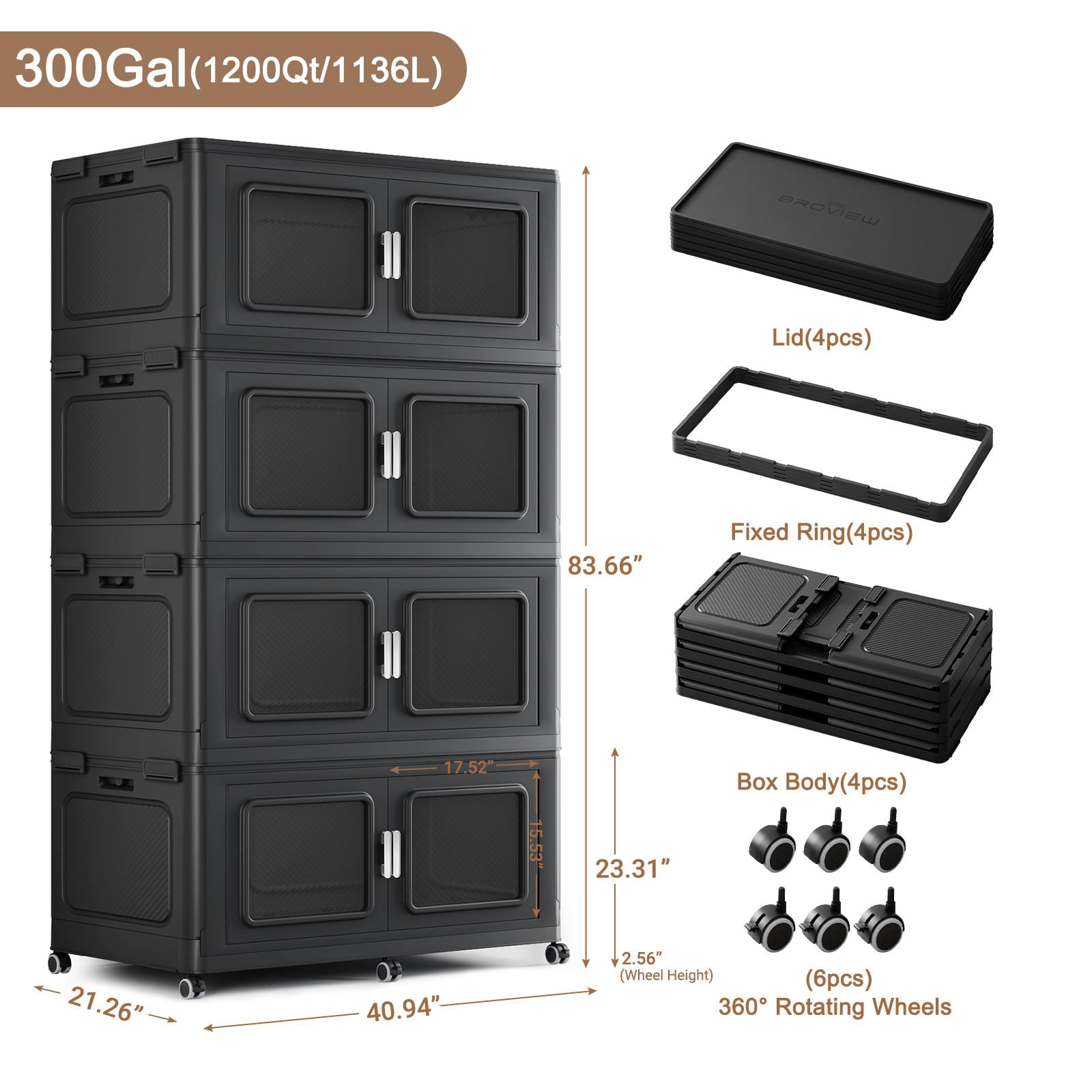 BROVIEW 300Gal Extra Large Storage Bins with Lid, 1200Qt Plastic Stackable Storage Bins with Wheels, Collapsible Closet Organizer and Storage Drawers, Storage Cabinets for Home, Office, 4 Pack, Black