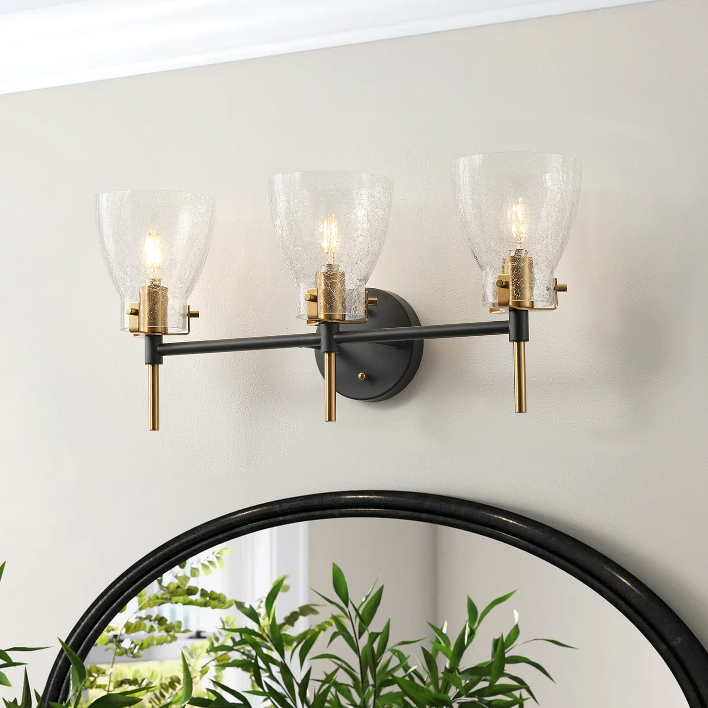 Farmhouse Vanity Light Fixture, Modern 3-Light bathroom Wall Light Over Mirror with Unique Crackle Glass Shade, Vintage Industrial Wall Sconce